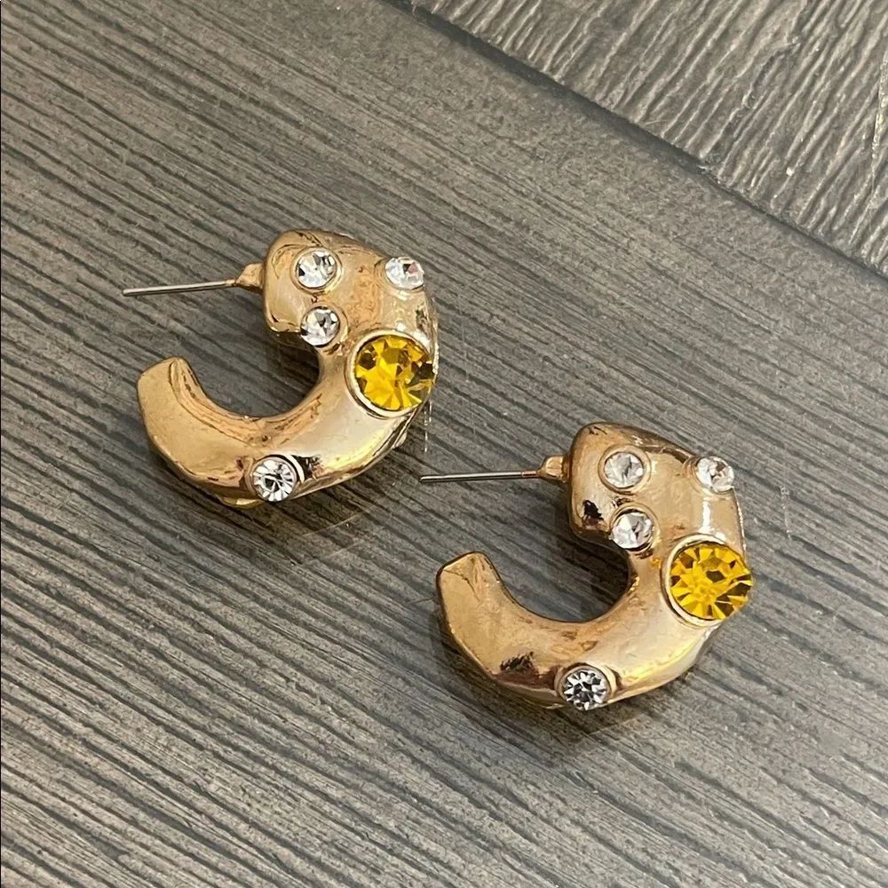 Vintage 80’s Style Rhinestone Encrusted Half Hoops Gold-tone Crystal Earrings